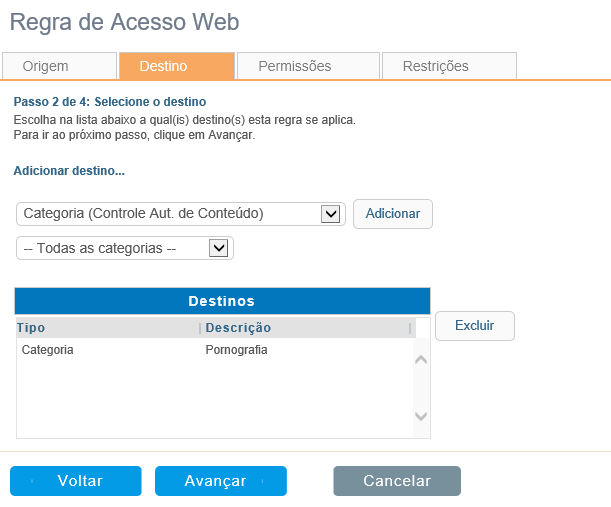 Filtro Web | Regras de Acesso | Destino